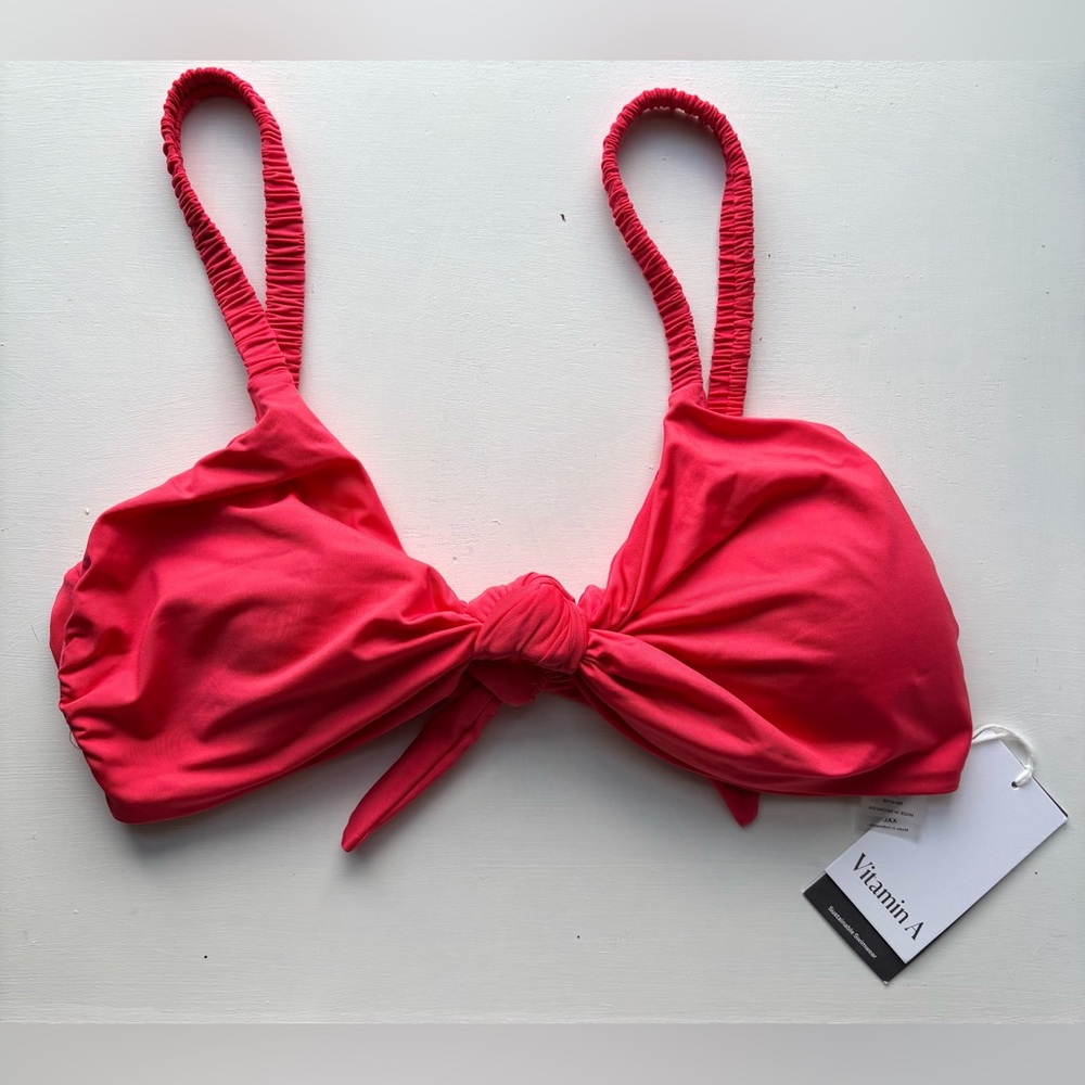 NWT Vitamin A XXL Coral Pink Bikini Top Knotted Ties Pleated Straps